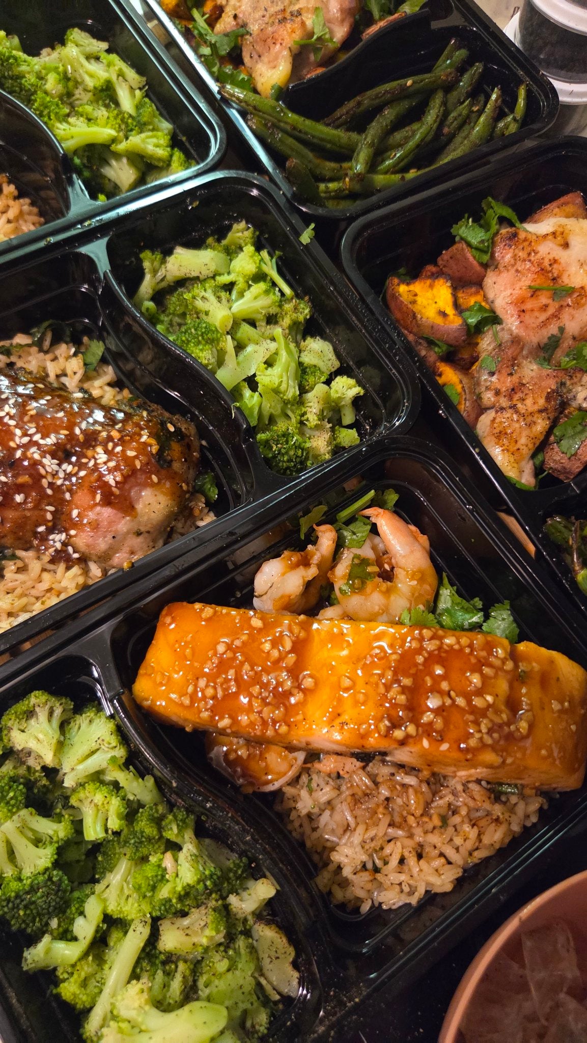 Packman meal prep: salmon, shrimp, chicken, rice and vegetables